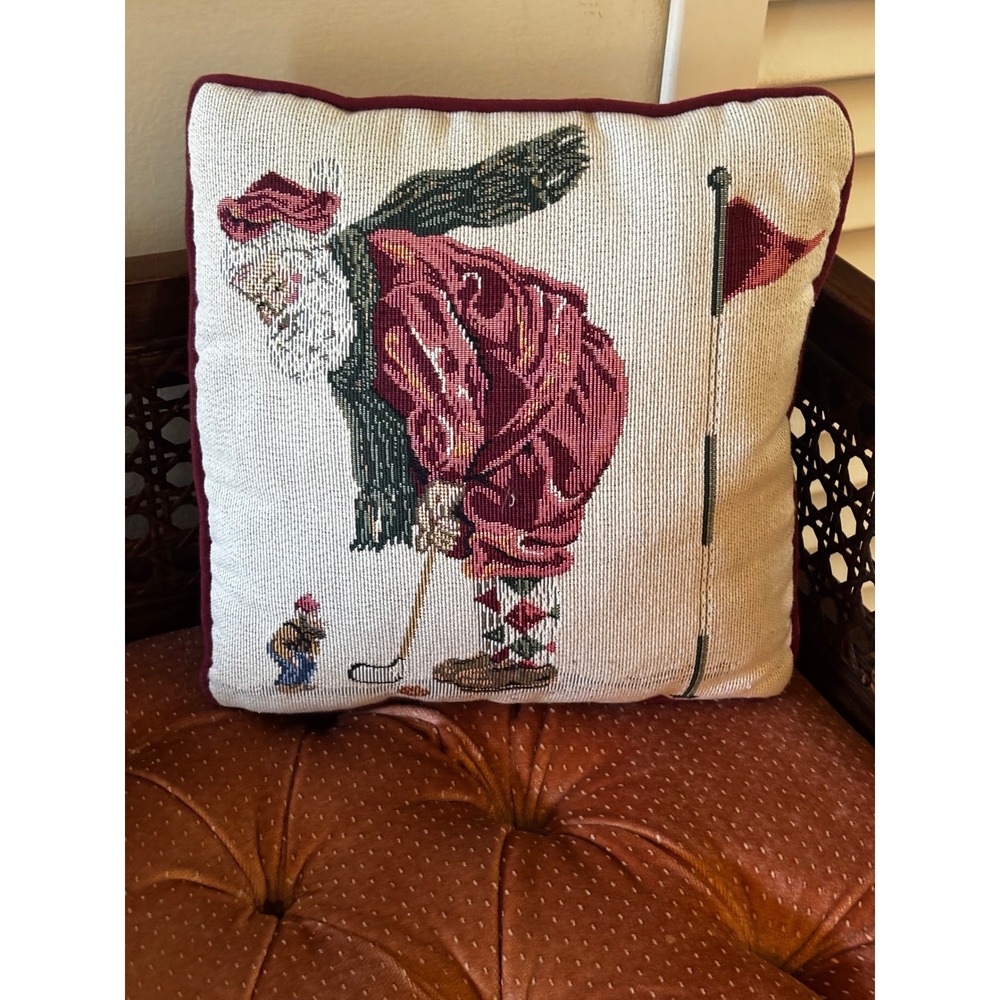 Vintage Santa Claus Golfing Tapestry Throw Pillow Christmas Decor 12x12 Red